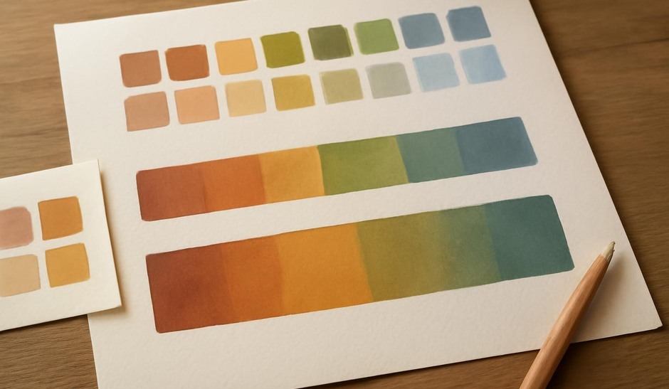 A series of small colour swatches and layered passes showing progressive colour decisions