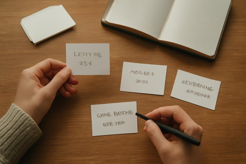 A series of small reference cards labeled with notes about lighting, focal length, and subject