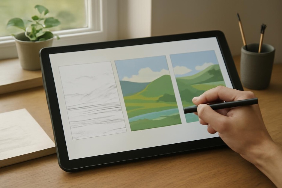 A layered digital canvas with rough sketch, blocked shapes, and colour passes visible