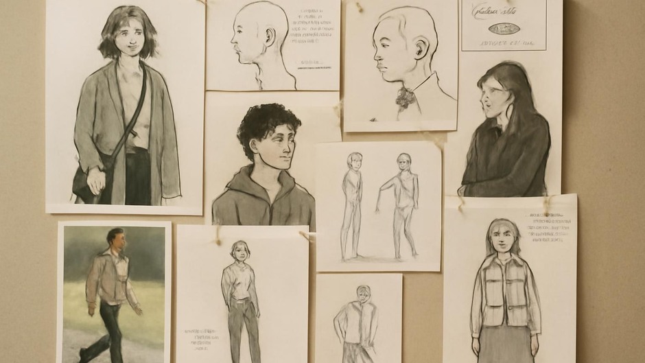 A collage of annotated character reference images and gesture photos