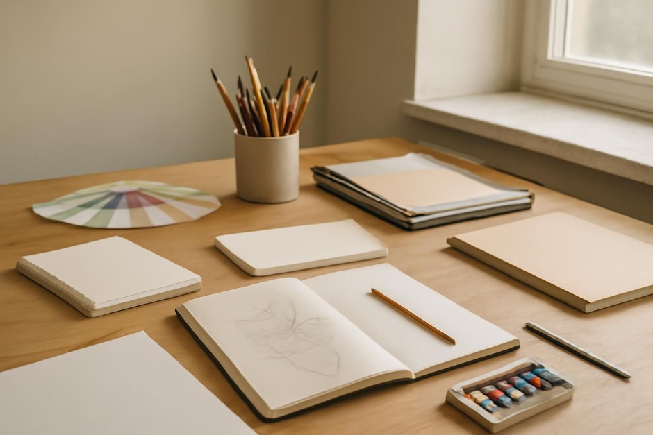 Abstract art desk with color swatches, brush marks, and sketchbook studies.