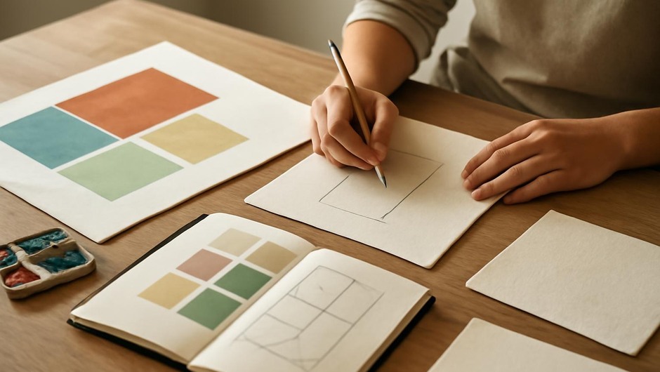 Bright studio image with paint textures, paper layers, and geometric color blocks.